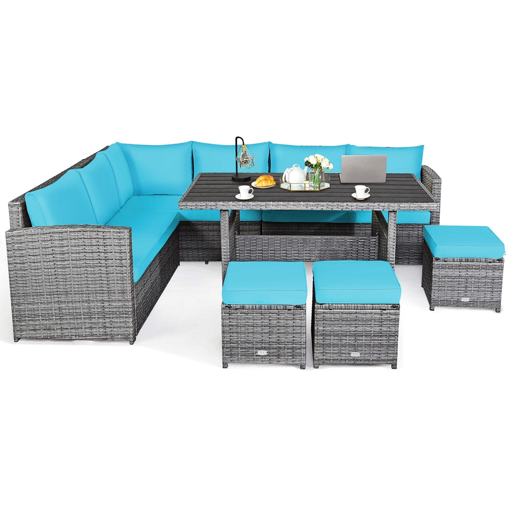Costway 7-teiliges Gartenmöbel-Set aus Rattan mit Essbereich, Sofa, Couch und Hocker – Details ansehen