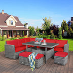Costway 7-teiliges Gartenmöbel-Set aus Rattan mit Essbereich, Sofa, Couch und Hocker – Details ansehen