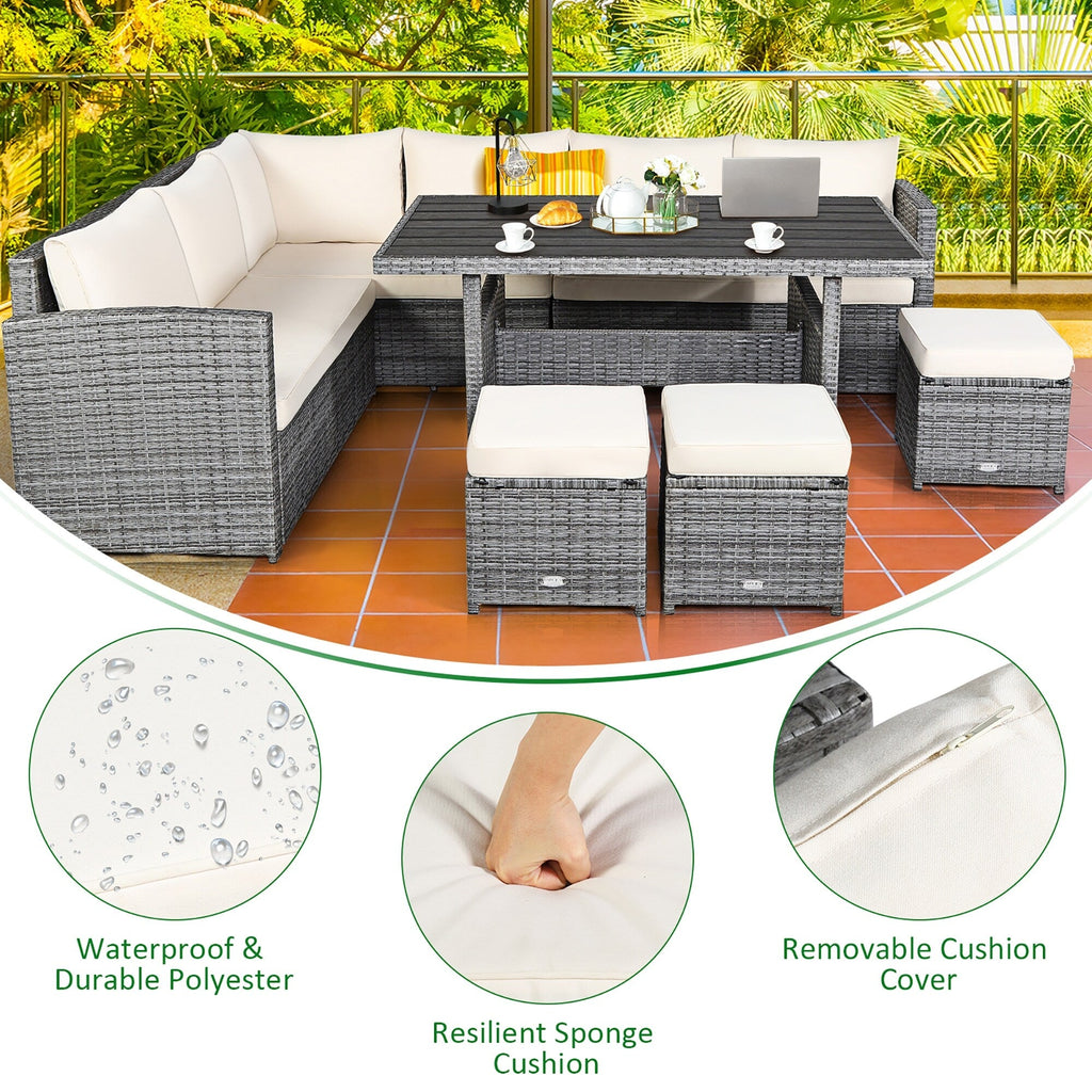 Costway 7-teiliges Gartenmöbel-Set aus Rattan mit Essbereich, Sofa, Couch und Hocker – Details ansehen
