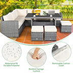 Costway 7-teiliges Gartenmöbel-Set aus Rattan mit Essbereich, Sofa, Couch und Hocker – Details ansehen