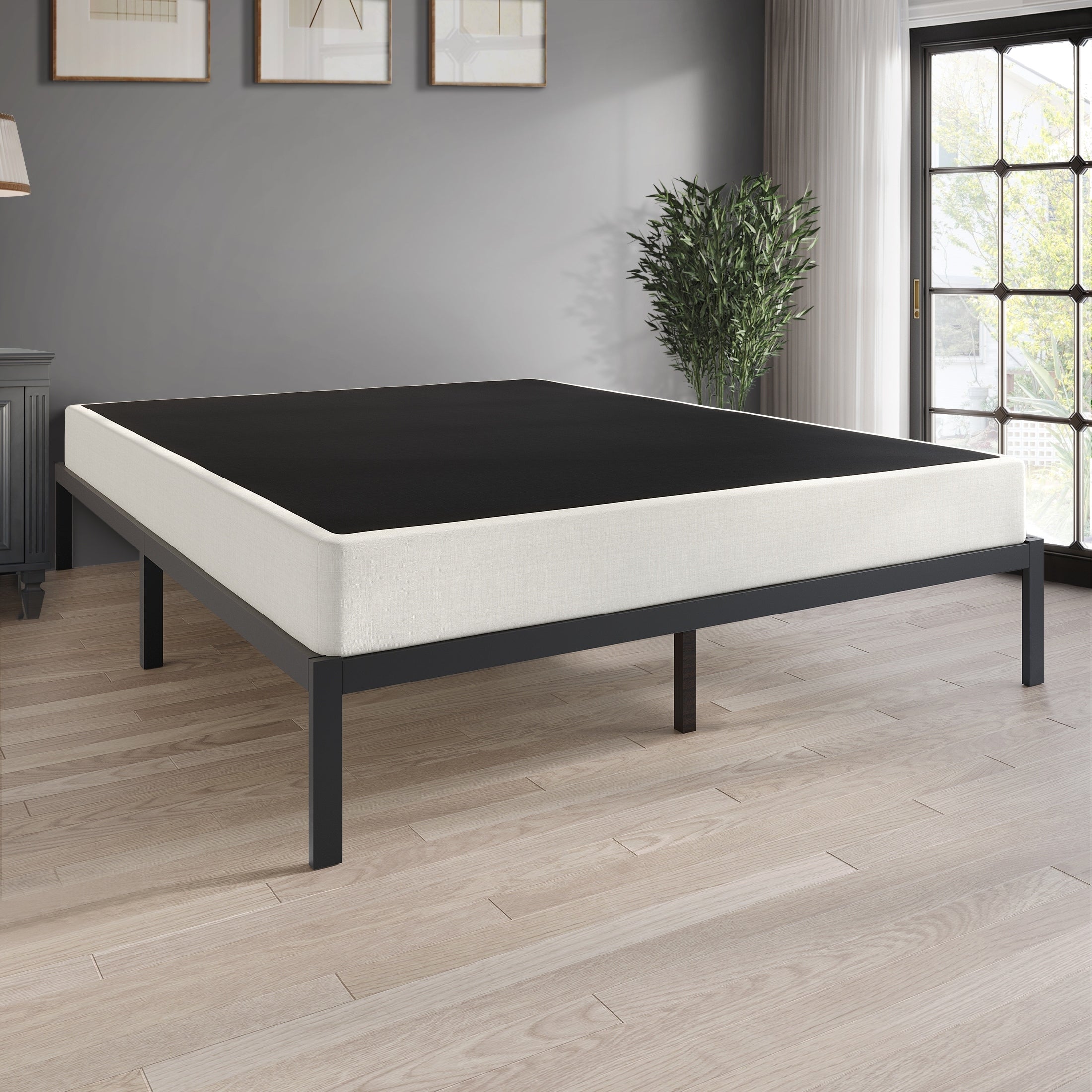 CraftPorch 5-Zoll-Metall-Boxspringbett mit warmgrauem Leinenbezug