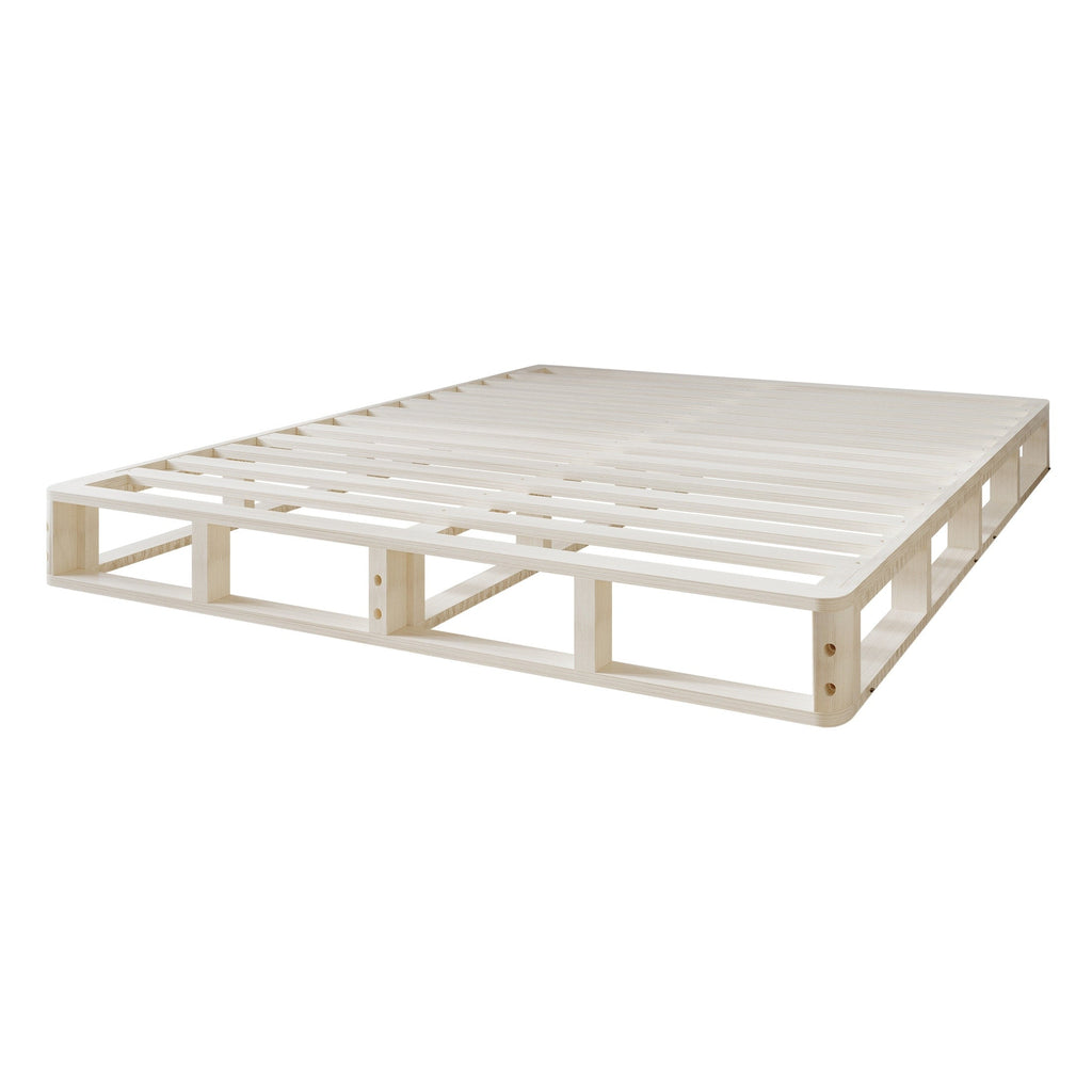CraftPorch Boxspringbett aus Massivholz (12,7 cm) mit Holzlatten und warmgrauem Leinenbezug