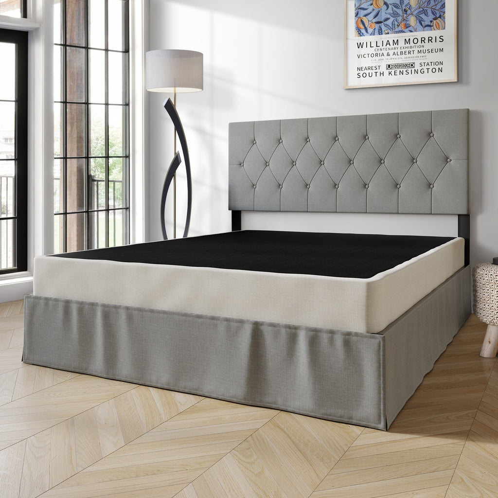 CraftPorch Boxspringbett aus Massivholz (12,7 cm) mit Holzlatten und warmgrauem Leinenbezug