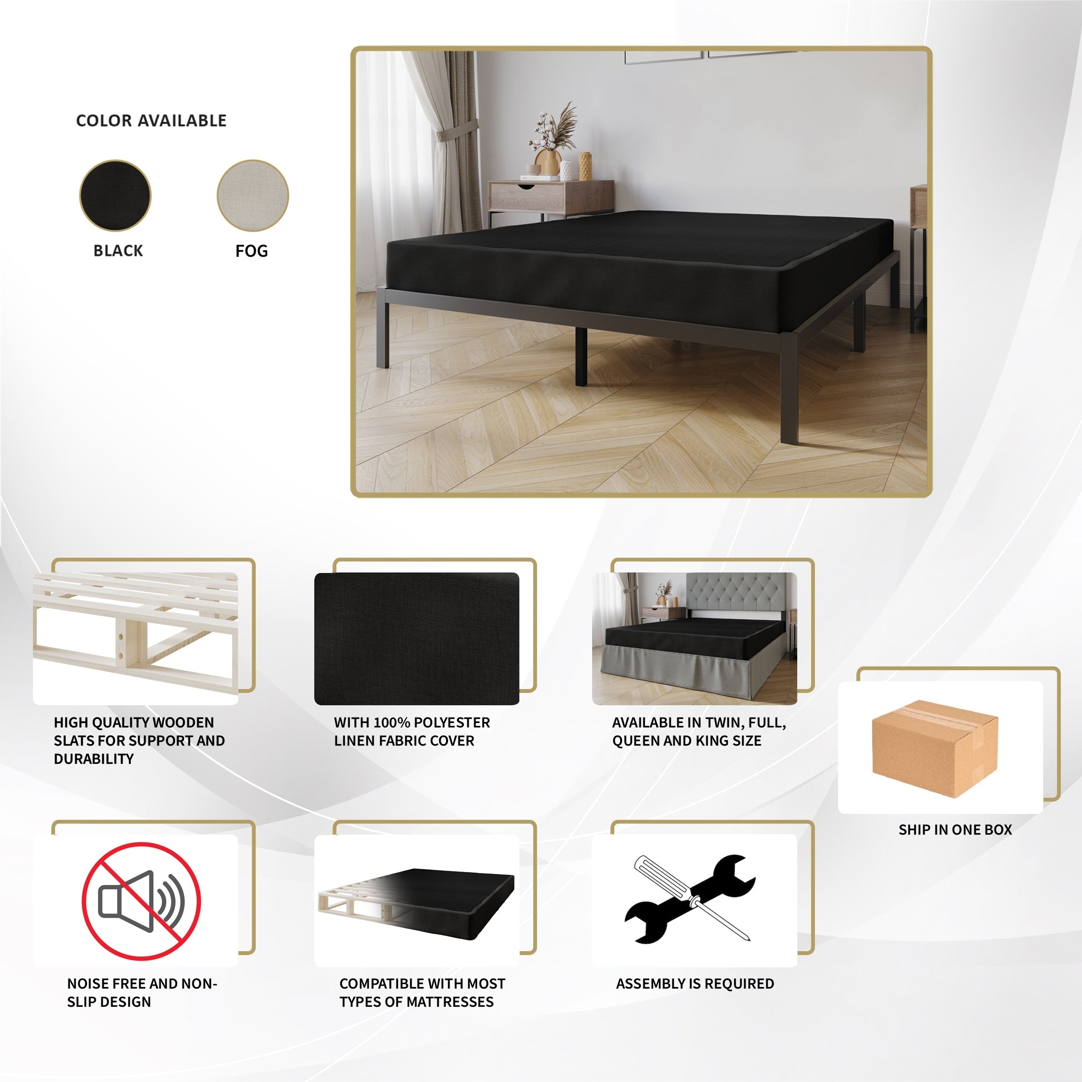 CraftPorch Boxspringbett aus Massivholz (12,7 cm) mit Holzlatten und warmgrauem Leinenbezug