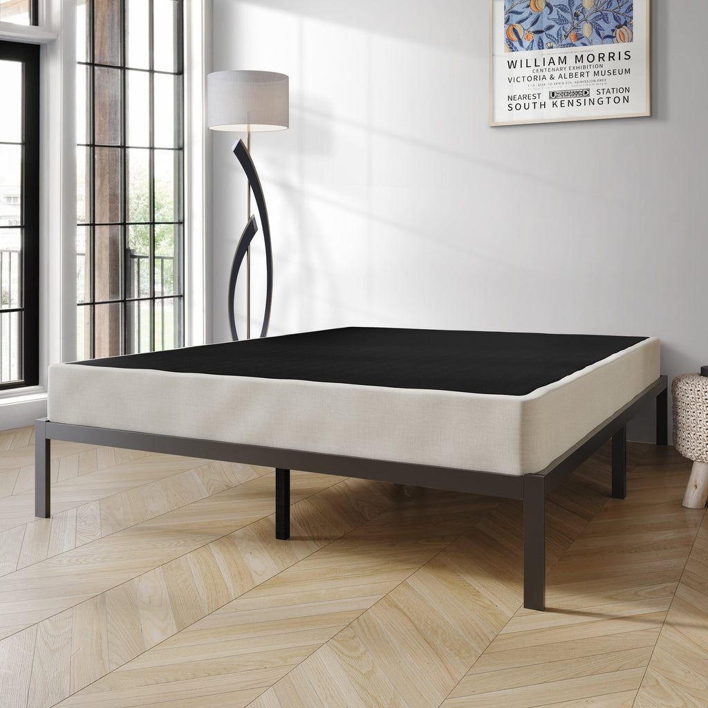 CraftPorch Boxspringbett aus Massivholz (12,7 cm) mit Holzlatten und warmgrauem Leinenbezug