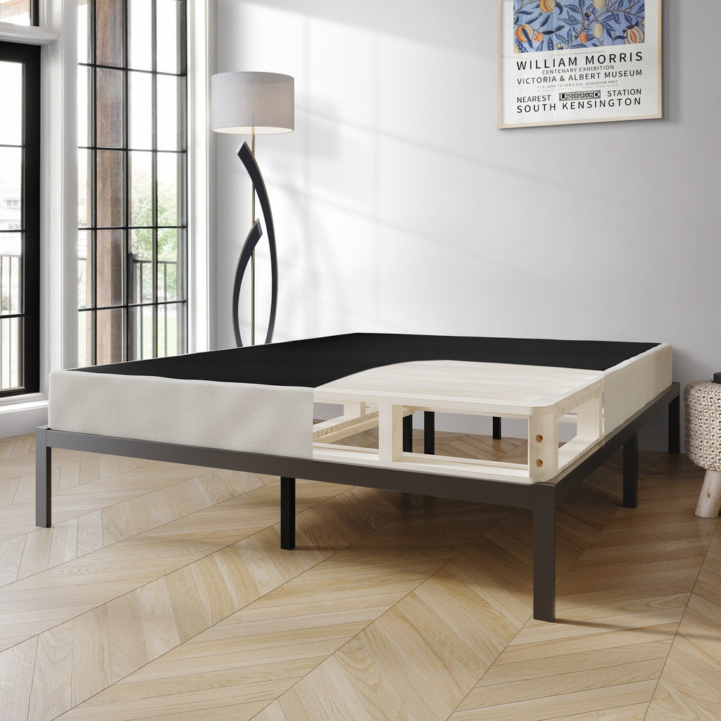 CraftPorch Boxspringbett aus Massivholz (12,7 cm) mit Holzlatten und warmgrauem Leinenbezug