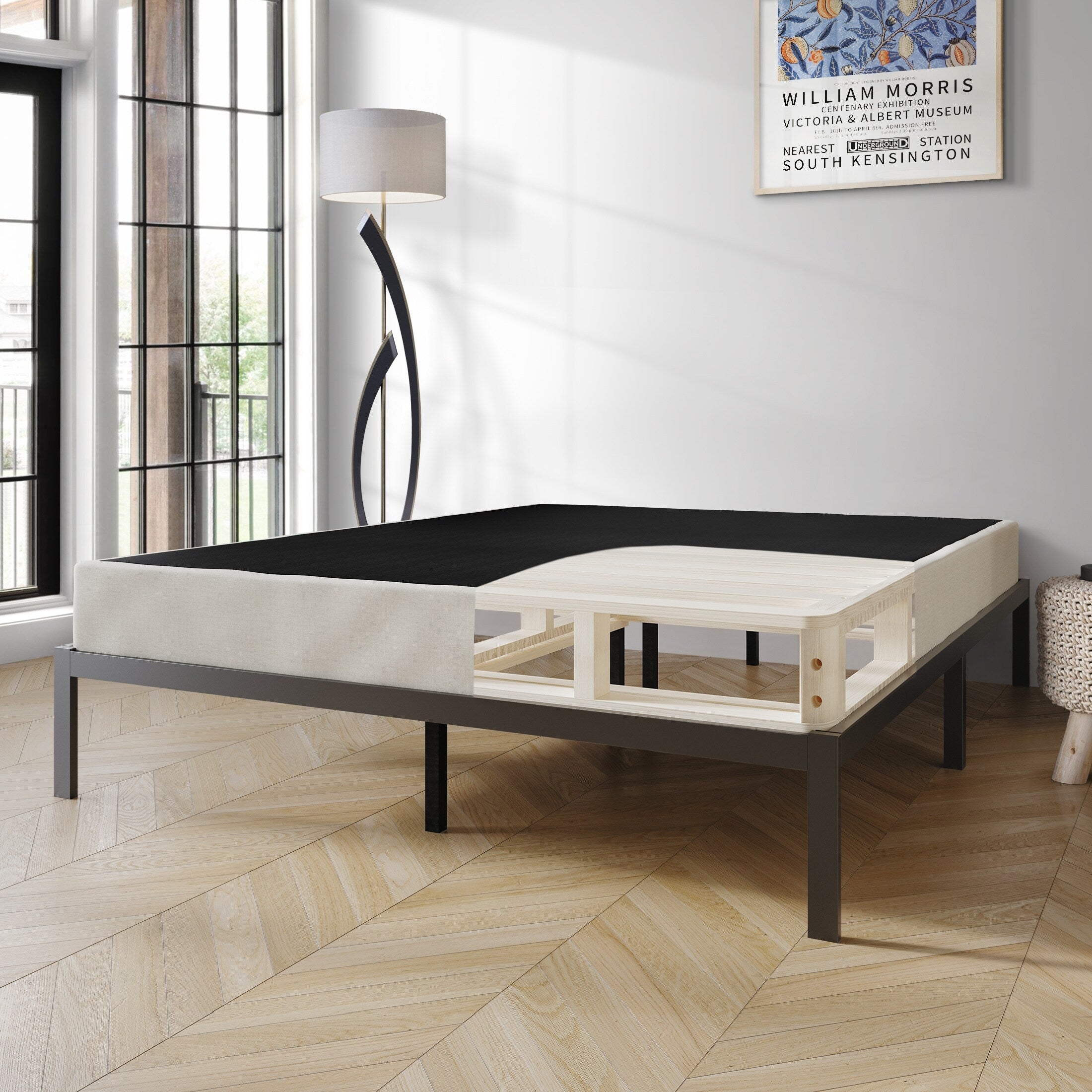 CraftPorch Boxspringbett aus Massivholz (12,7 cm) mit Holzlatten und warmgrauem Leinenbezug