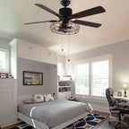 CurveCurio Farmhouse Industrial 5-flammiger schwarzer Käfig-Deckenventilator mit Beleuchtung, Fernbedienung und Zugkette, 42-48-52 Zoll