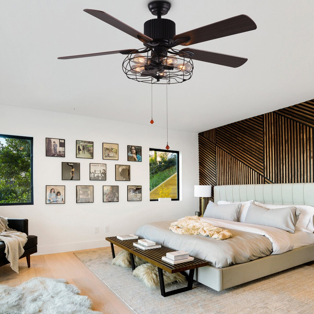 CurveCurio Farmhouse Industrial 5-flammiger schwarzer Käfig-Deckenventilator mit Beleuchtung, Fernbedienung und Zugkette, 42-48-52 Zoll