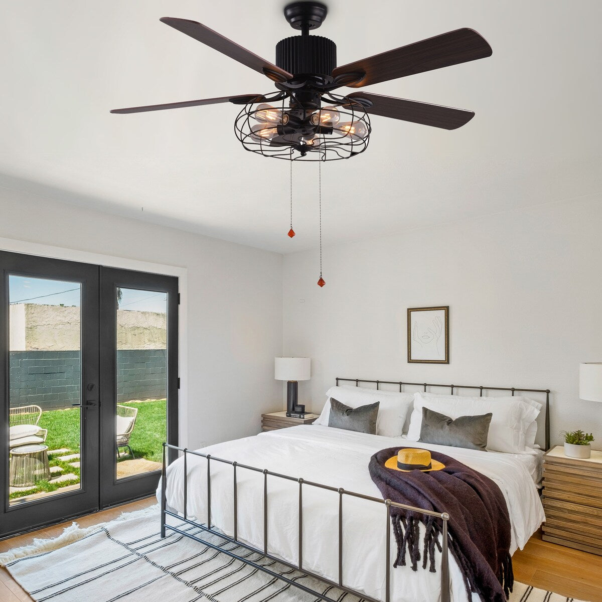 CurveCurio Farmhouse Industrial 5-flammiger schwarzer Käfig-Deckenventilator mit Beleuchtung, Fernbedienung und Zugkette, 42-48-52 Zoll