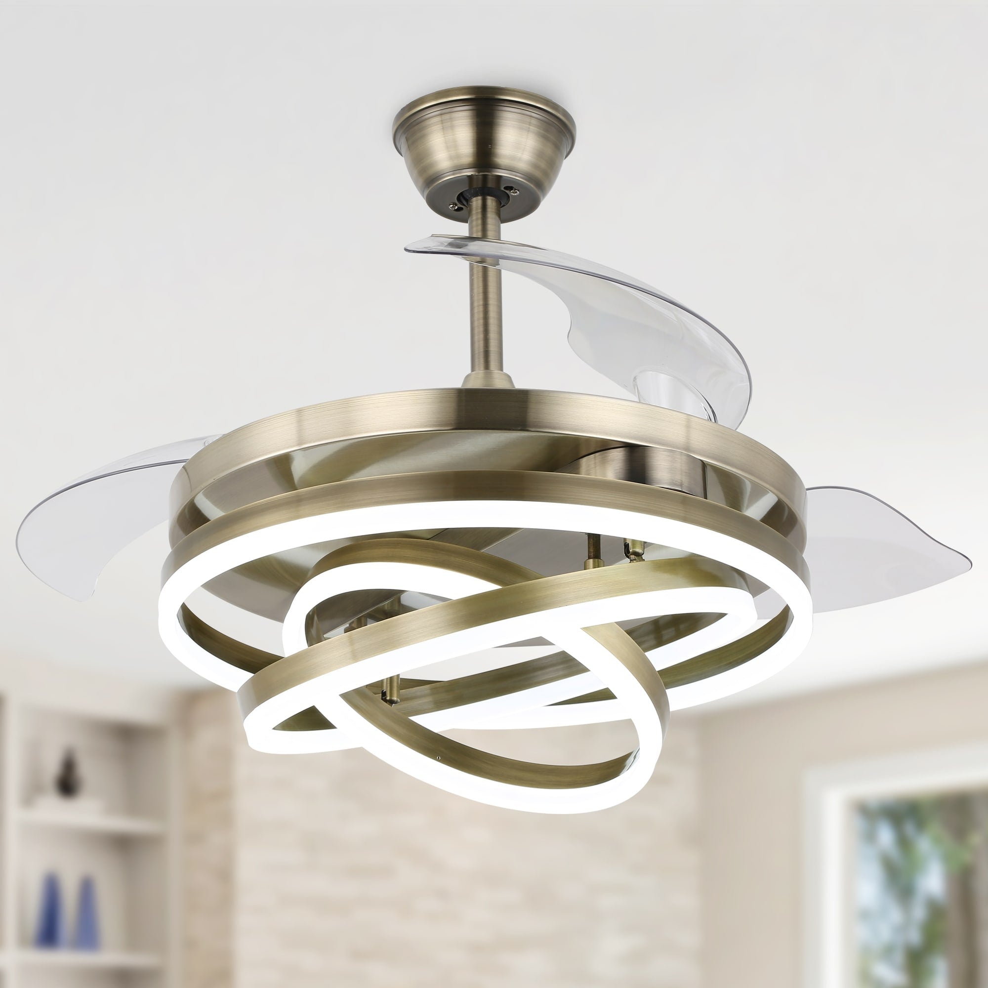 Cusp Barn 42 Deckenventilator mit einziehbarem Gehäuse, Beleuchtung und Fernbedienung, DIY Shape Fandelier, moderne, leise LED-Deckenleuchte mit Gleichstrommotor