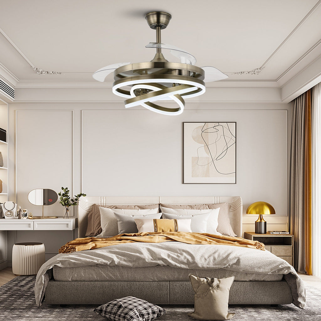 Cusp Barn 42 Deckenventilator mit einziehbarem Gehäuse, Beleuchtung und Fernbedienung, DIY Shape Fandelier, moderne, leise LED-Deckenleuchte mit Gleichstrommotor