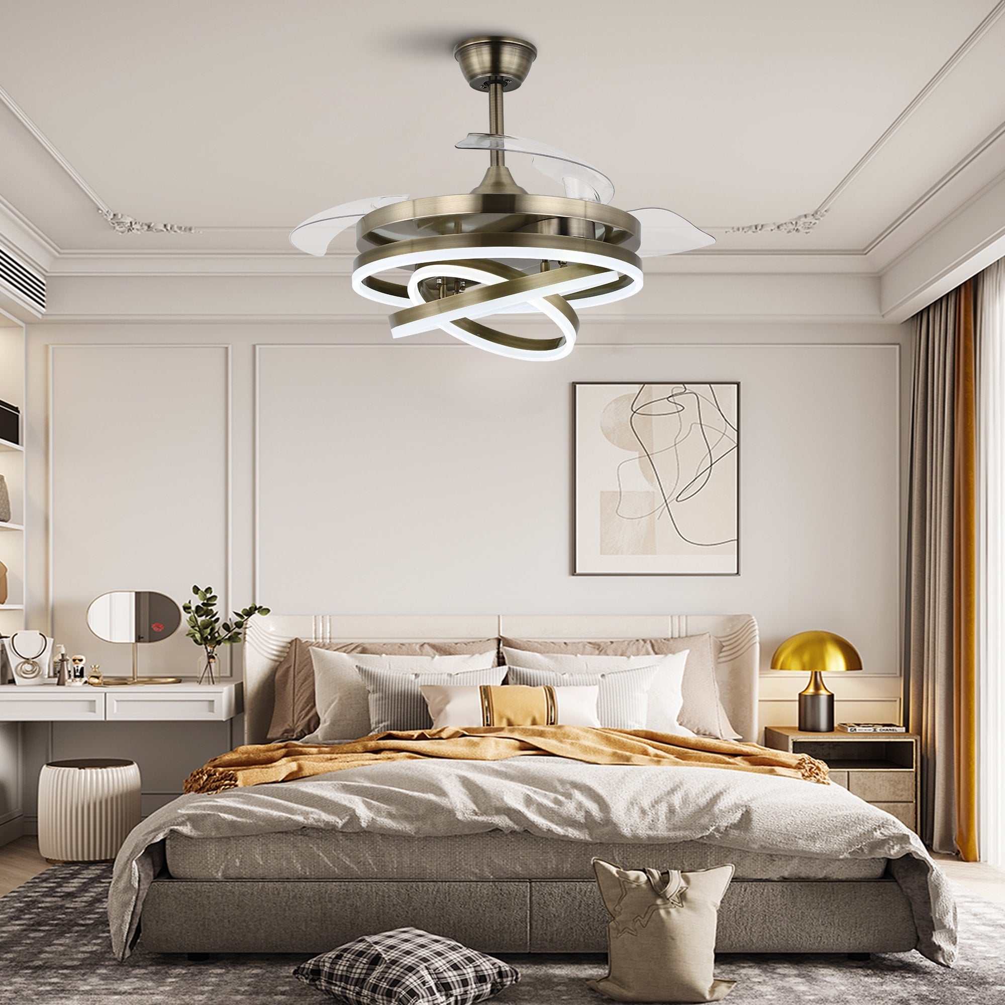 Cusp Barn 42 Deckenventilator mit einziehbarem Gehäuse, Beleuchtung und Fernbedienung, DIY Shape Fandelier, moderne, leise LED-Deckenleuchte mit Gleichstrommotor