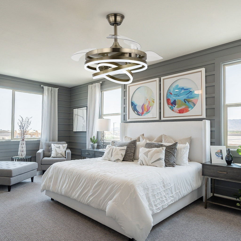 Cusp Barn 42 Deckenventilator mit einziehbarem Gehäuse, Beleuchtung und Fernbedienung, DIY Shape Fandelier, moderne, leise LED-Deckenleuchte mit Gleichstrommotor