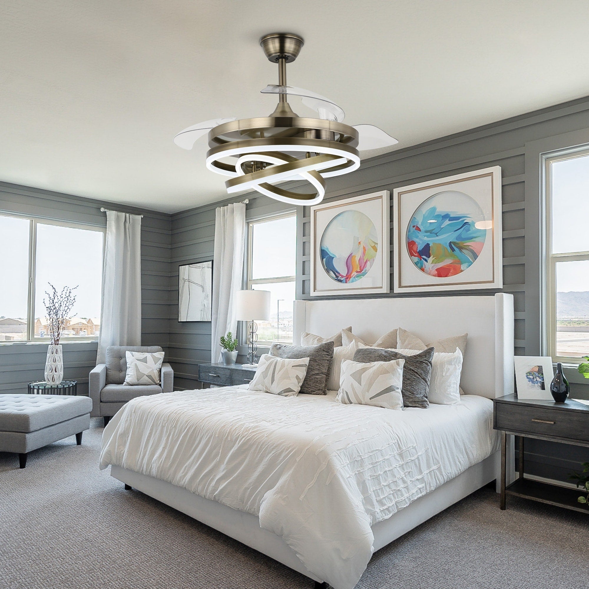 Cusp Barn 42 Deckenventilator mit einziehbarem Gehäuse, Beleuchtung und Fernbedienung, DIY Shape Fandelier, moderne, leise LED-Deckenleuchte mit Gleichstrommotor