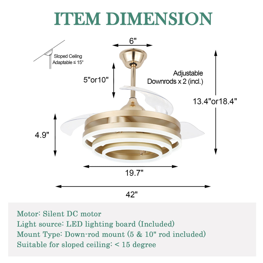 Cusp Barn 42 Deckenventilator mit einziehbarem Gehäuse, Beleuchtung und Fernbedienung, DIY Shape Fandelier, moderne, leise LED-Deckenleuchte mit Gleichstrommotor