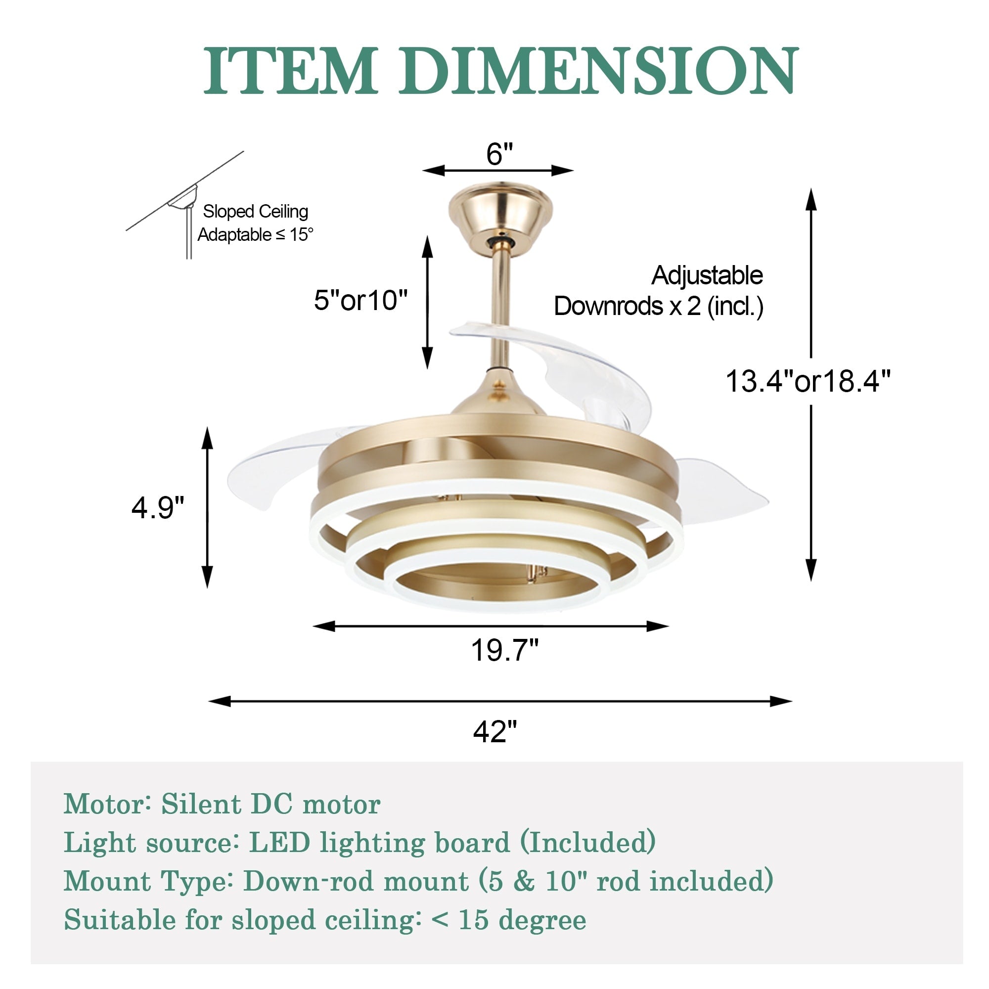 Cusp Barn 42 Deckenventilator mit einziehbarem Gehäuse, Beleuchtung und Fernbedienung, DIY Shape Fandelier, moderne, leise LED-Deckenleuchte mit Gleichstrommotor