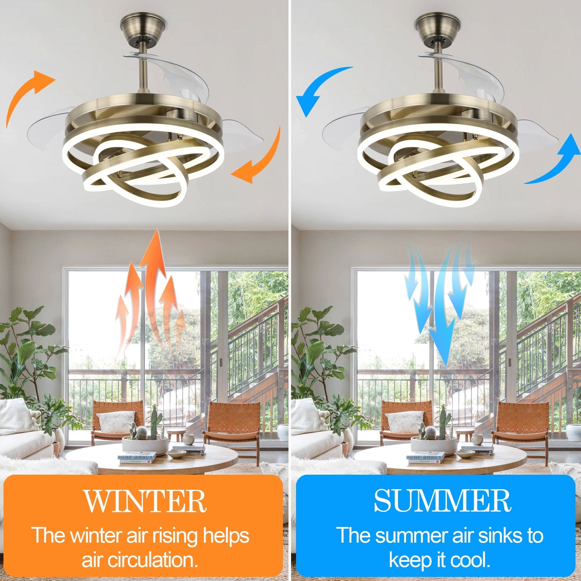 Cusp Barn 42 Deckenventilator mit einziehbarem Gehäuse, Beleuchtung und Fernbedienung, DIY Shape Fandelier, moderne, leise LED-Deckenleuchte mit Gleichstrommotor