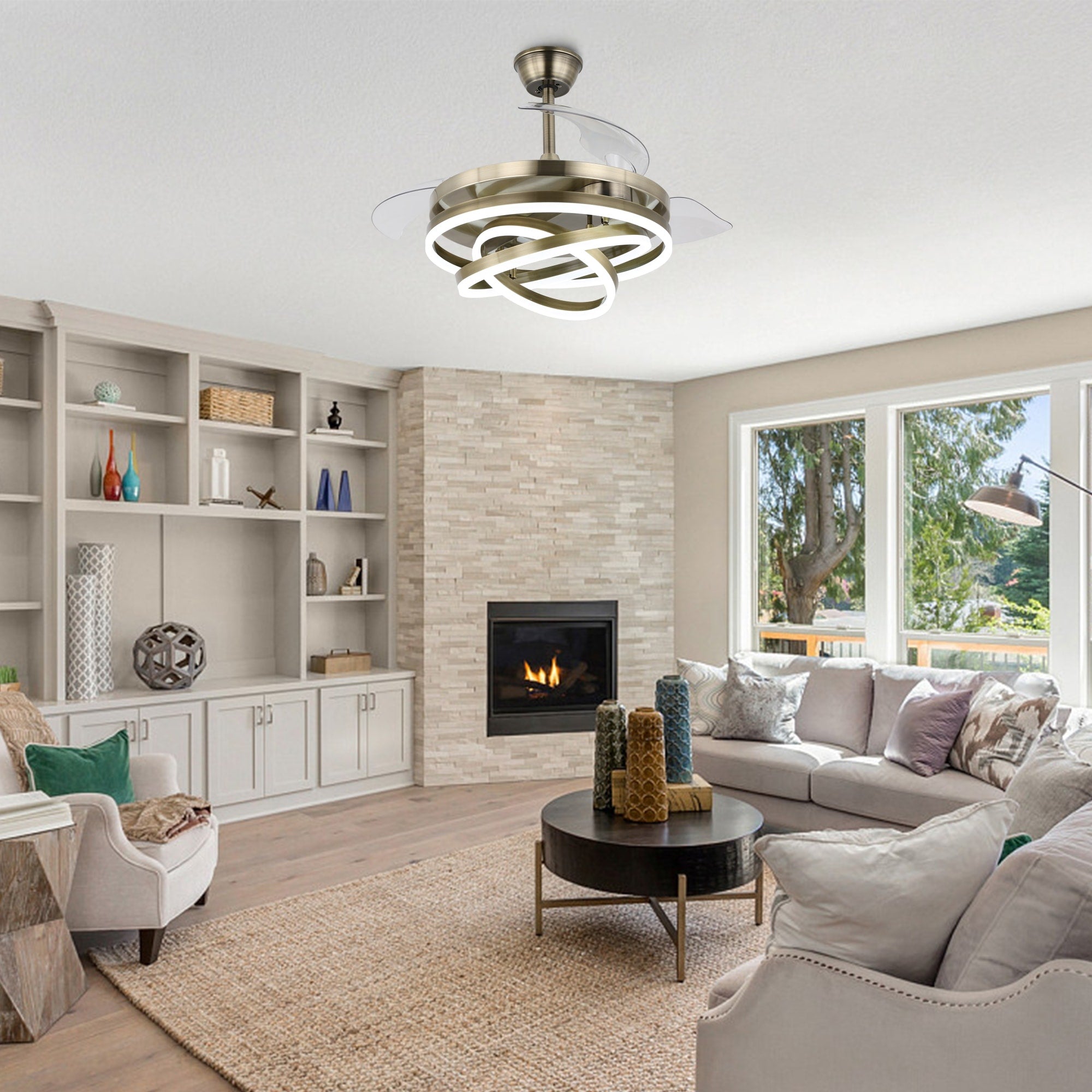 Cusp Barn 42 Deckenventilator mit einziehbarem Gehäuse, Beleuchtung und Fernbedienung, DIY Shape Fandelier, moderne, leise LED-Deckenleuchte mit Gleichstrommotor