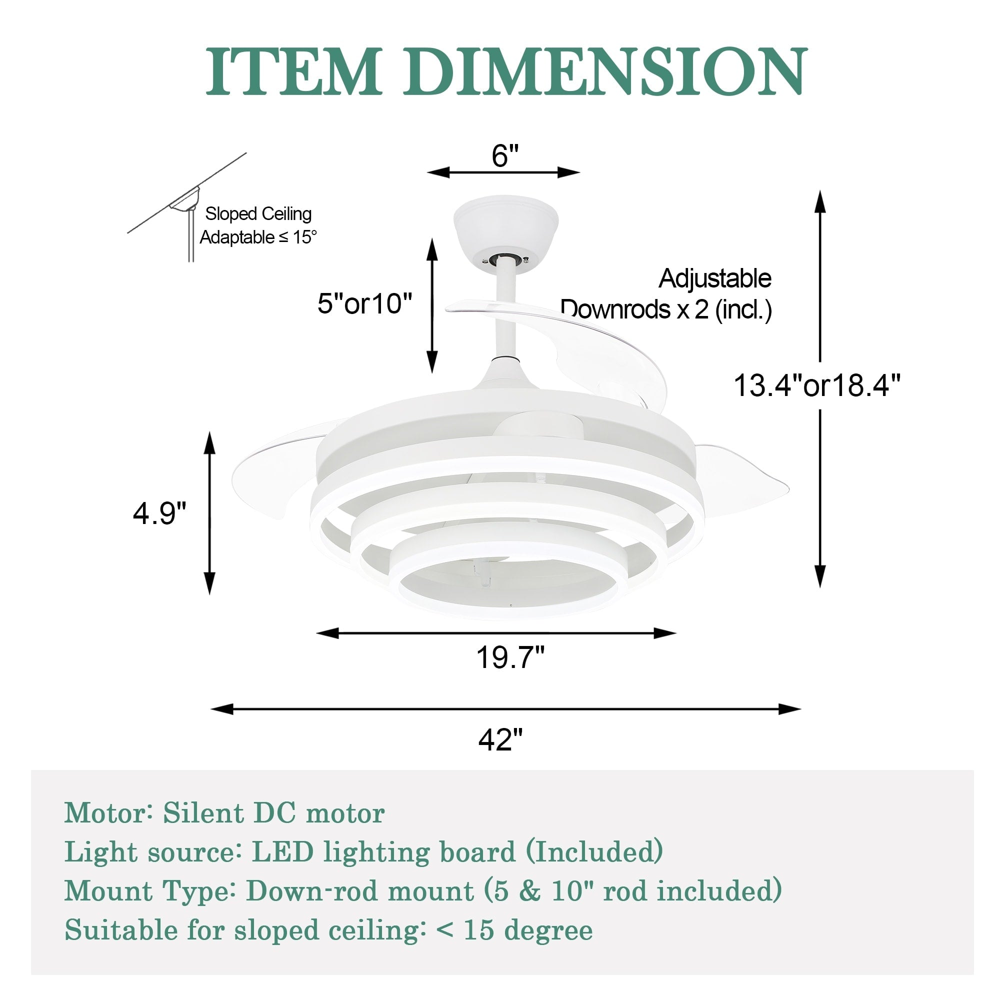 Cusp Barn 42 Deckenventilator mit einziehbarem Gehäuse, Beleuchtung und Fernbedienung, DIY Shape Fandelier, moderne, leise LED-Deckenleuchte mit Gleichstrommotor