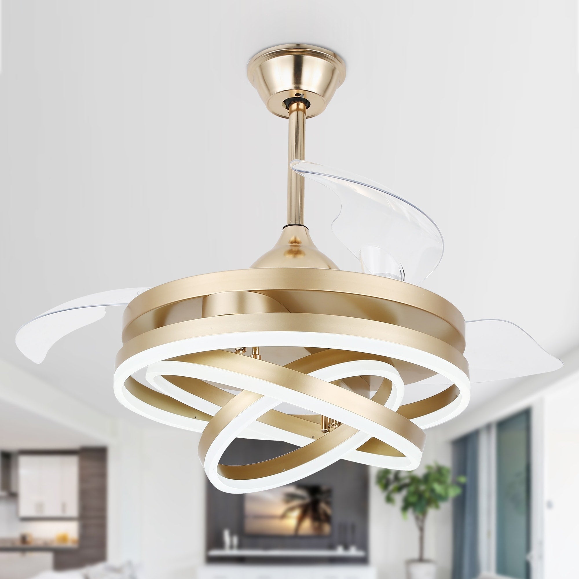 Cusp Barn 42 Deckenventilator mit einziehbarem Gehäuse, Beleuchtung und Fernbedienung, DIY Shape Fandelier, moderne, leise LED-Deckenleuchte mit Gleichstrommotor