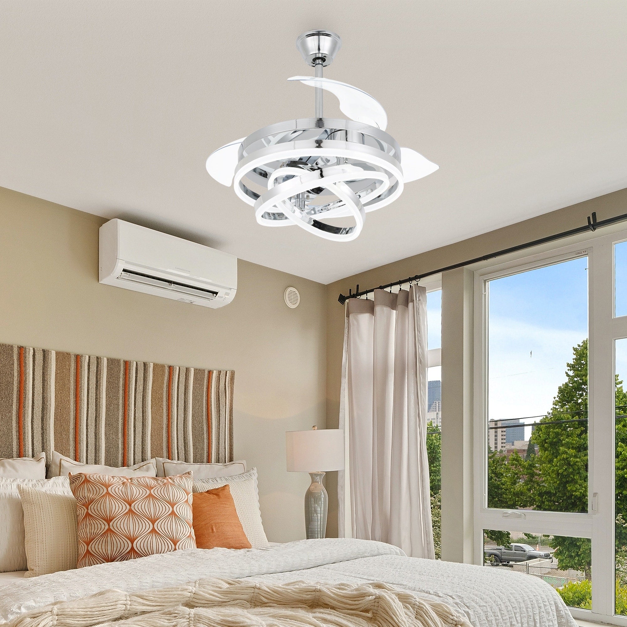 Cusp Barn 42 Deckenventilator mit einziehbarem Gehäuse, Beleuchtung und Fernbedienung, DIY Shape Fandelier, moderne, leise LED-Deckenleuchte mit Gleichstrommotor