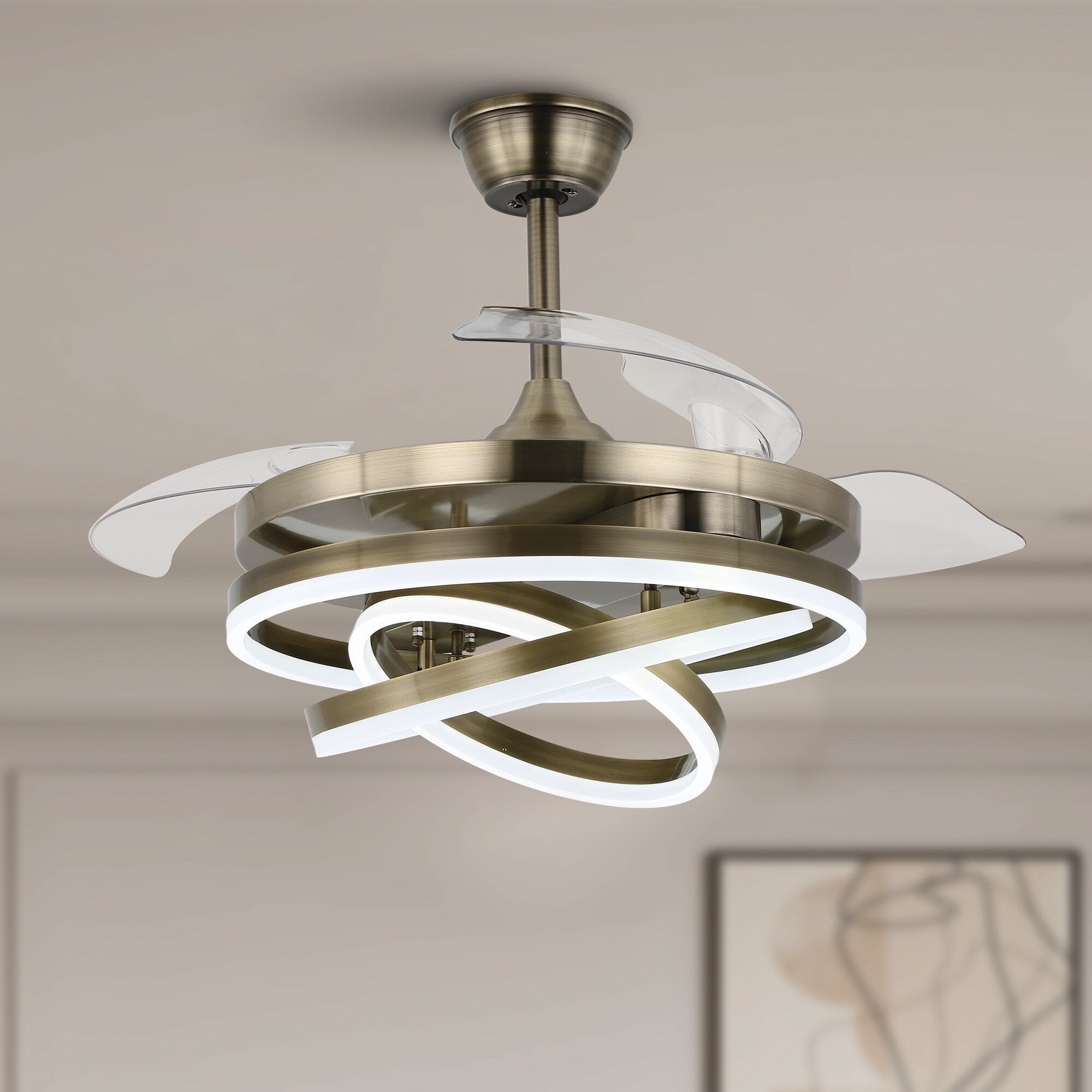 Cusp Barn 42 Deckenventilator mit einziehbarem Gehäuse, Beleuchtung und Fernbedienung, DIY Shape Fandelier, moderne, leise LED-Deckenleuchte mit Gleichstrommotor