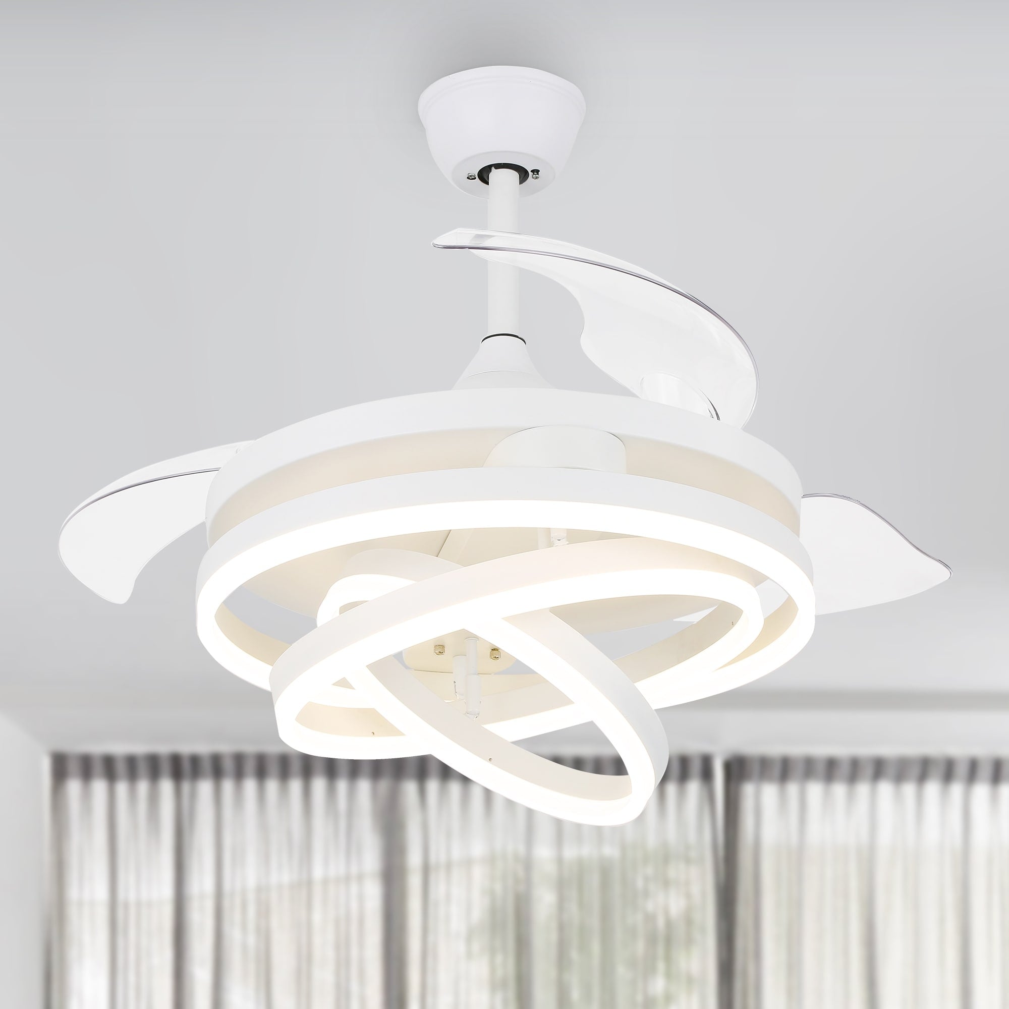 Cusp Barn 42 Deckenventilator mit einziehbarem Gehäuse, Beleuchtung und Fernbedienung, DIY Shape Fandelier, moderne, leise LED-Deckenleuchte mit Gleichstrommotor