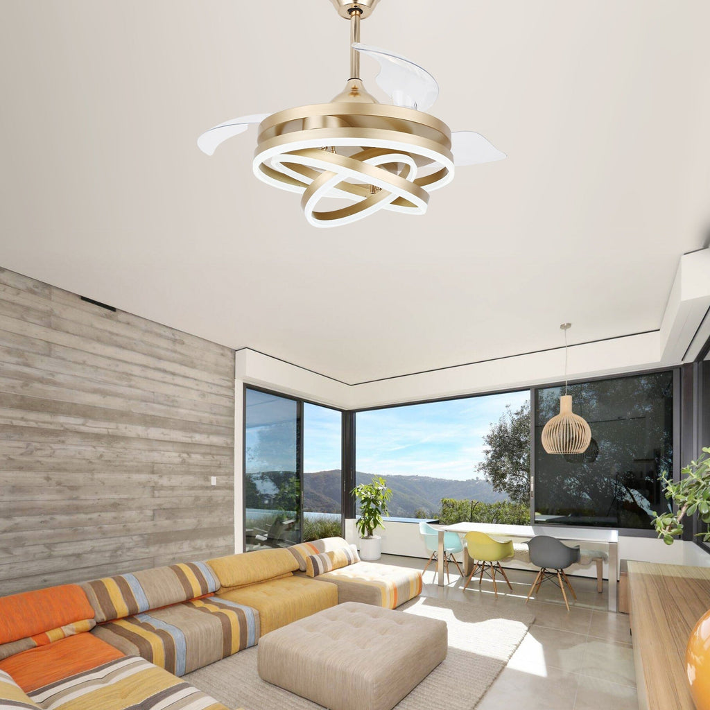 Cusp Barn 42 Deckenventilator mit einziehbarem Gehäuse, Beleuchtung und Fernbedienung, DIY Shape Fandelier, moderne, leise LED-Deckenleuchte mit Gleichstrommotor