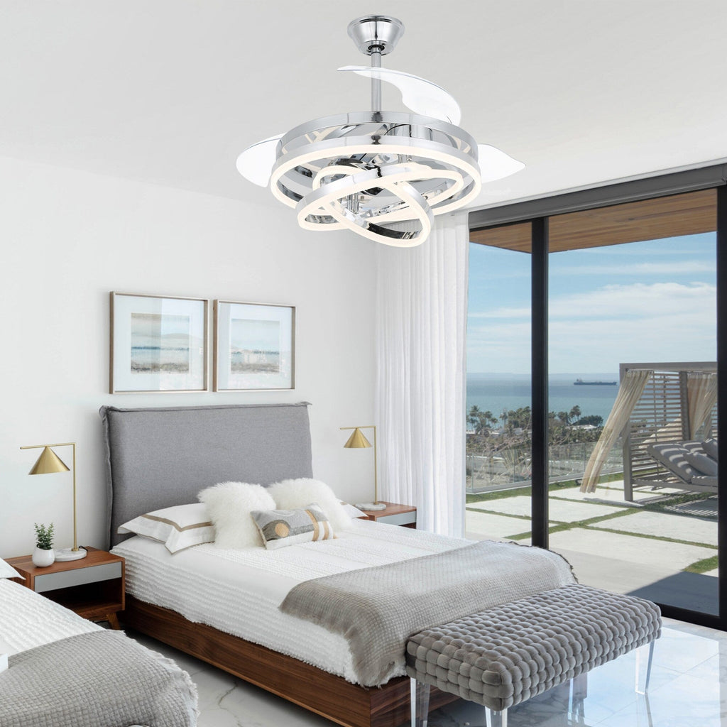 Cusp Barn 42 Deckenventilator mit einziehbarem Gehäuse, Beleuchtung und Fernbedienung, DIY Shape Fandelier, moderne, leise LED-Deckenleuchte mit Gleichstrommotor