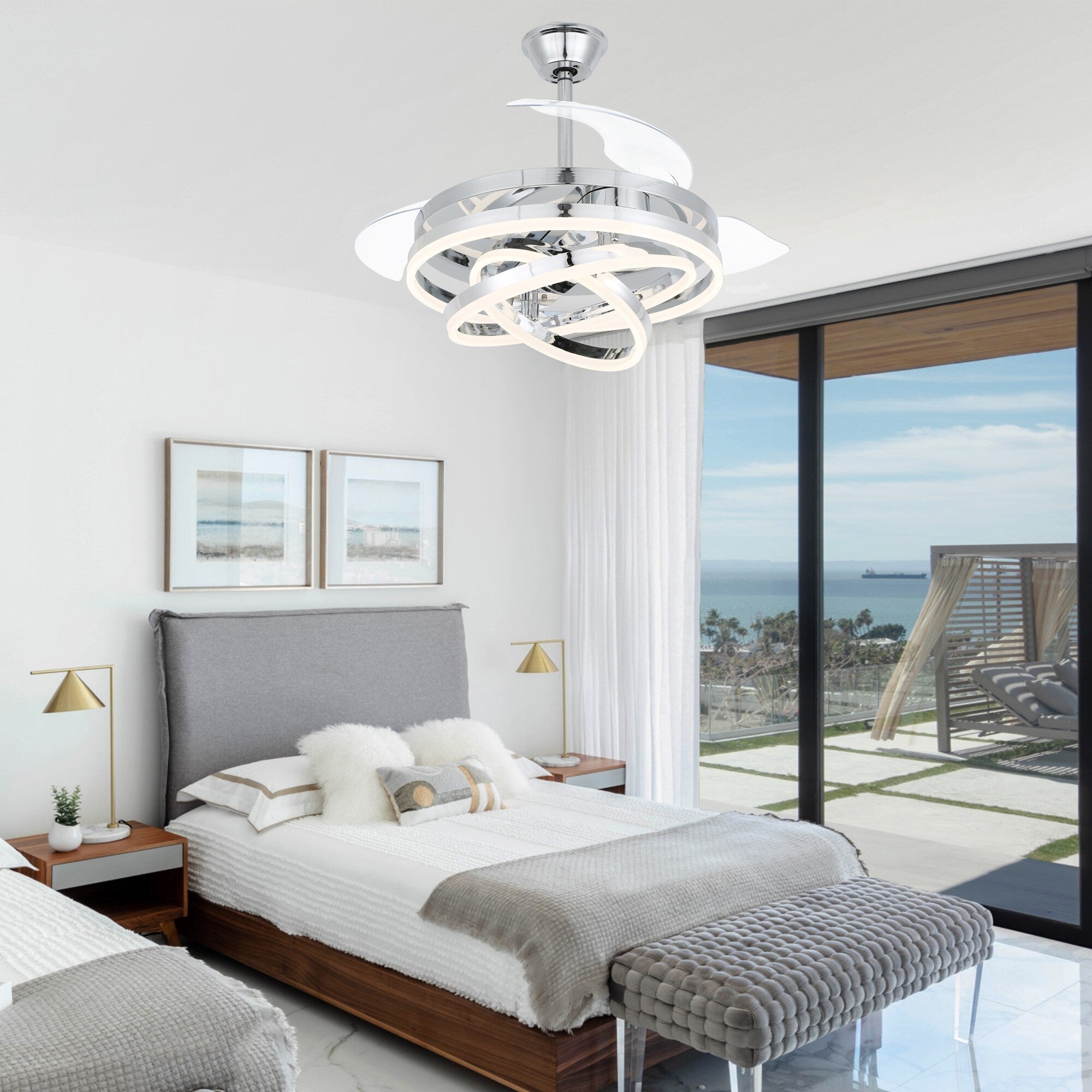 Cusp Barn 42 Deckenventilator mit einziehbarem Gehäuse, Beleuchtung und Fernbedienung, DIY Shape Fandelier, moderne, leise LED-Deckenleuchte mit Gleichstrommotor