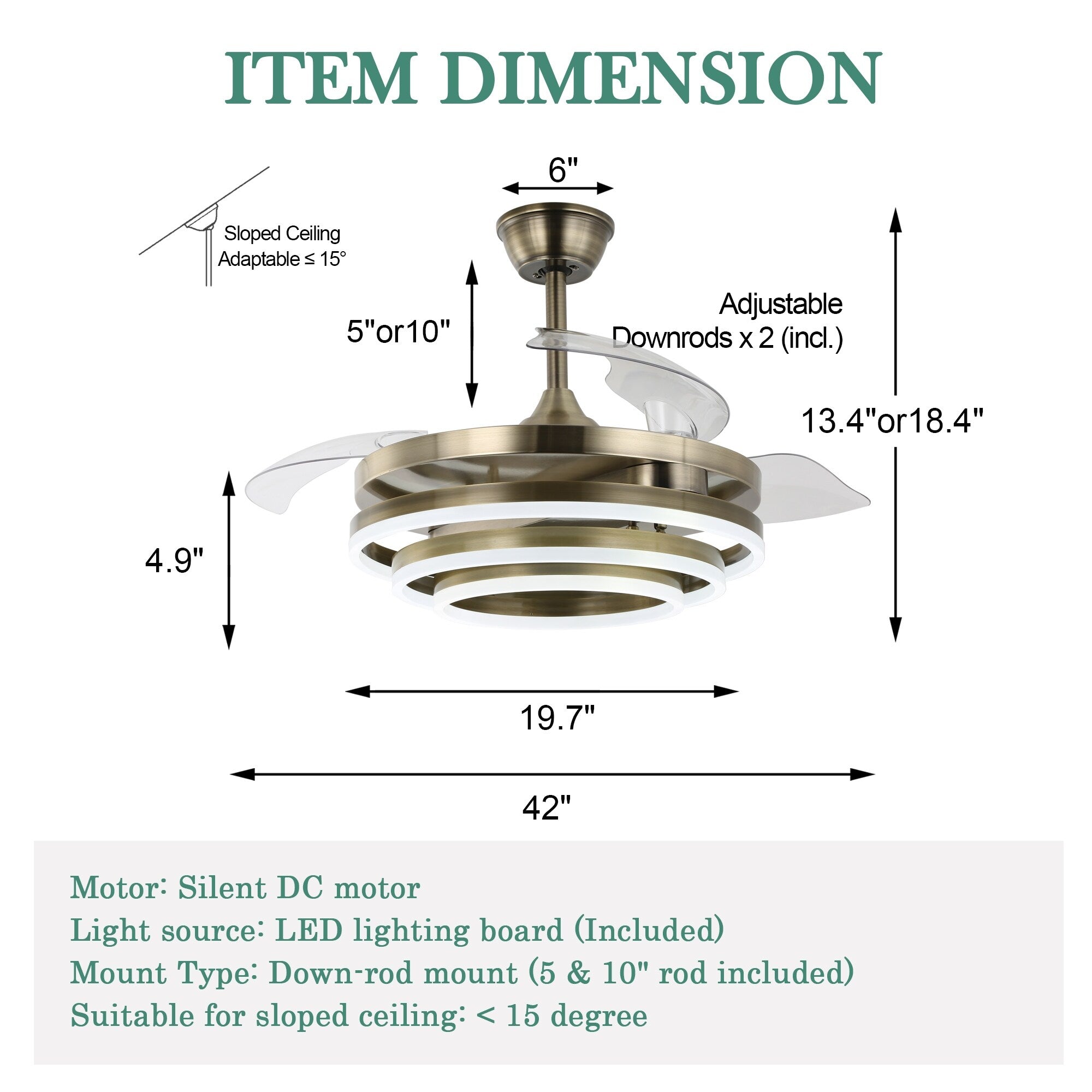 Cusp Barn 42 Deckenventilator mit einziehbarem Gehäuse, Beleuchtung und Fernbedienung, DIY Shape Fandelier, moderne, leise LED-Deckenleuchte mit Gleichstrommotor