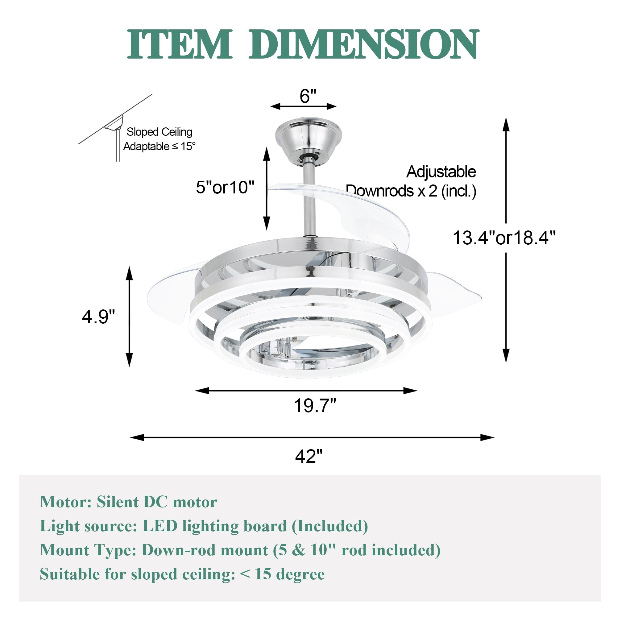 Cusp Barn 42 Deckenventilator mit einziehbarem Gehäuse, Beleuchtung und Fernbedienung, DIY Shape Fandelier, moderne, leise LED-Deckenleuchte mit Gleichstrommotor