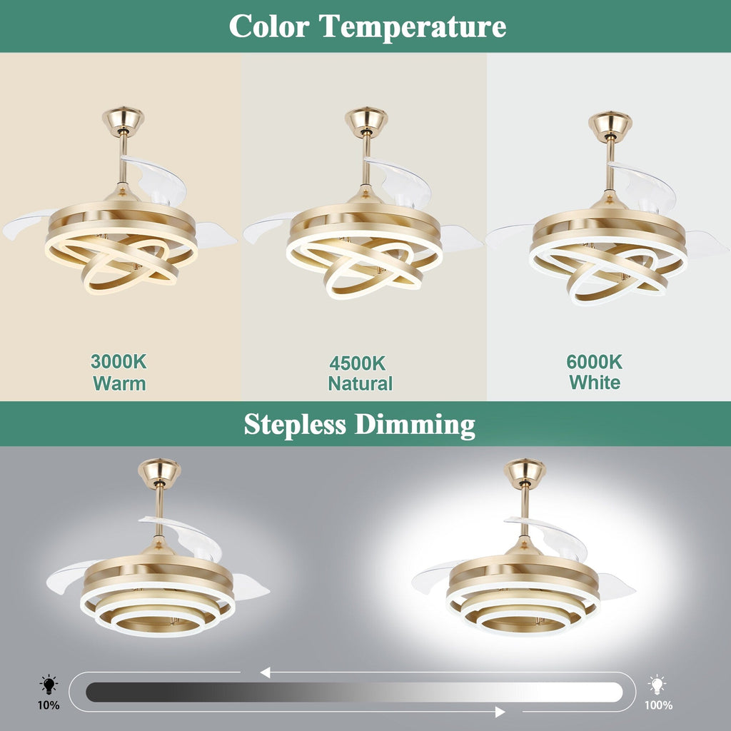 Cusp Barn 42 Deckenventilator mit einziehbarem Gehäuse, Beleuchtung und Fernbedienung, DIY Shape Fandelier, moderne, leise LED-Deckenleuchte mit Gleichstrommotor