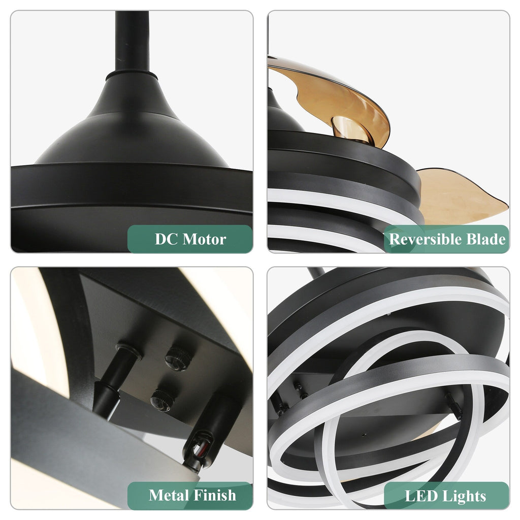 Cusp Barn 42 Deckenventilator mit einziehbarem Gehäuse, Beleuchtung und Fernbedienung, DIY Shape Fandelier, moderne, leise LED-Deckenleuchte mit Gleichstrommotor