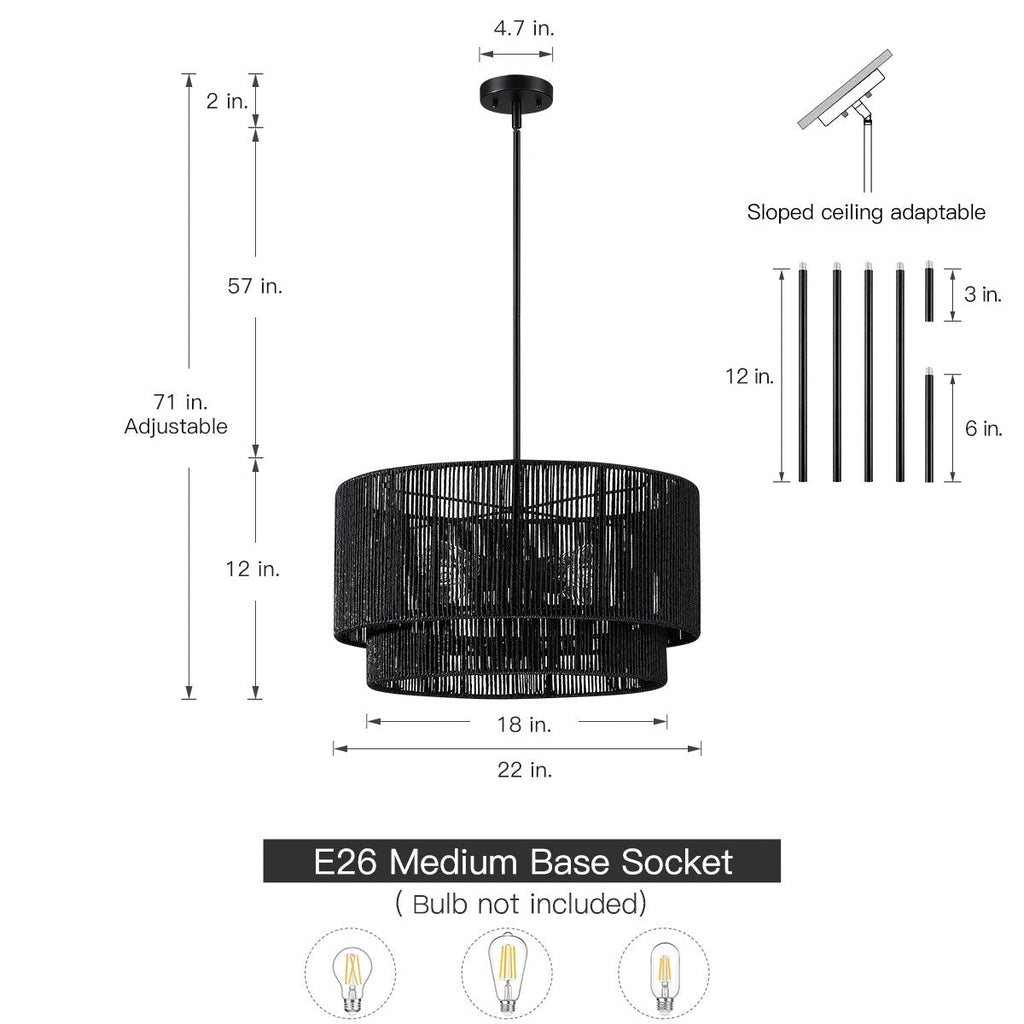 Cynthia 4-flammiger schwarzer Rattan-Trommel-Kronleuchter – 22 Zoll (56 cm)