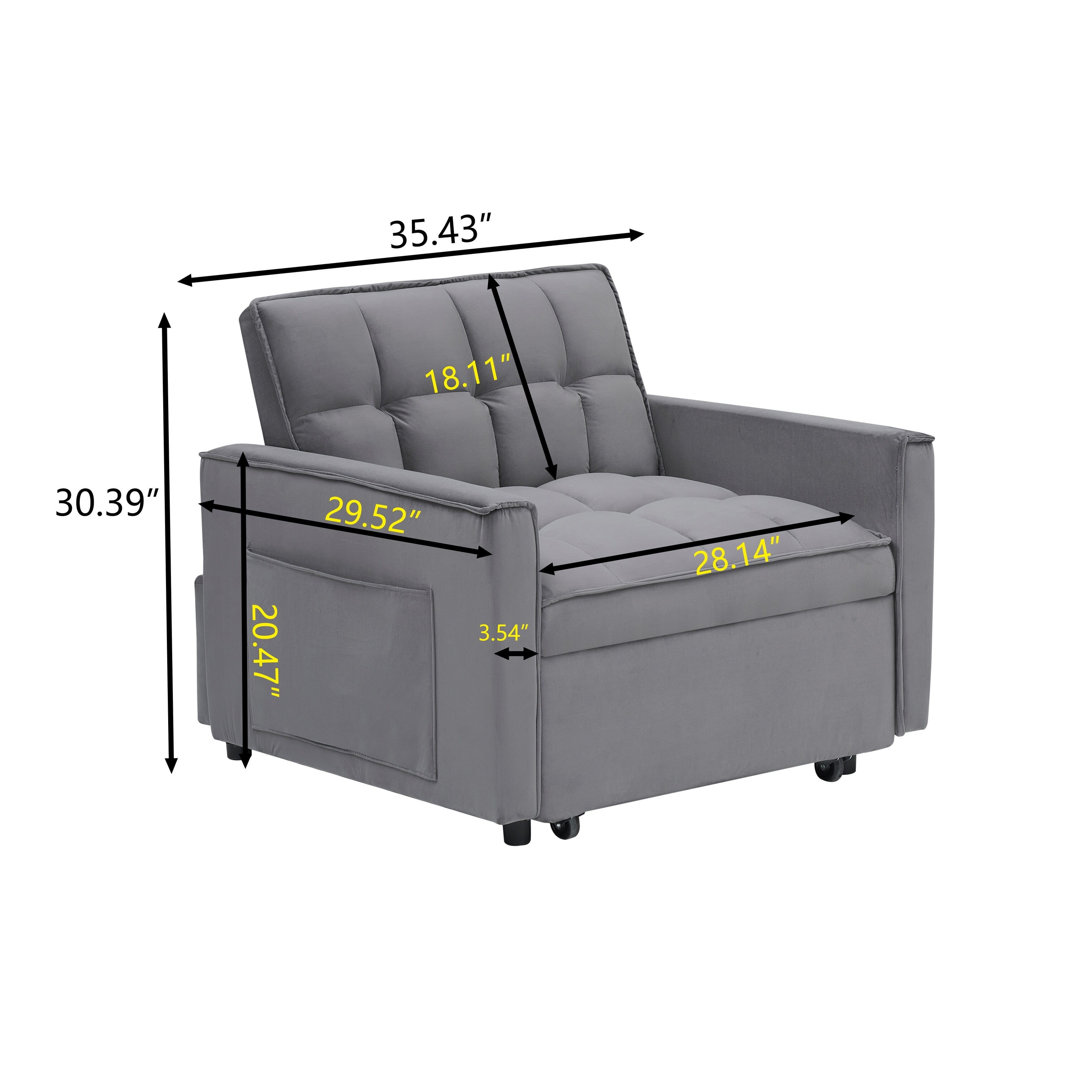 Modernes, dunkelgraues 70,86 cm breites 3-in-1-Schlafsofa mit verstellbarer Rückenlehne und Rollen für das Wohnzimmer