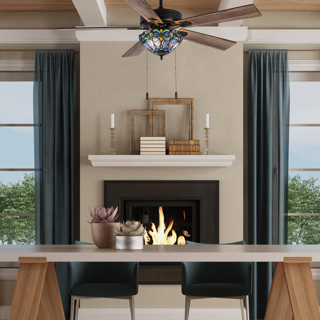 Della River of Goods Deckenventilator mit Fernbedienung, 52 Zoll, 3-flammig, in geölter Bronze und Buntglasoptik