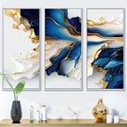 Designart Abstrakte Geode Gold und Blau Marmor Form III Moderner geometrischer gerahmter Leinwanddruck - 3 Paneele