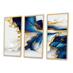 Designart Abstrakte Geode Gold und Blau Marmor Form III Moderner geometrischer gerahmter Leinwanddruck - 3 Paneele