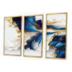 Designart Abstrakte Geode Gold und Blau Marmor Form III Moderner geometrischer gerahmter Leinwanddruck - 3 Paneele