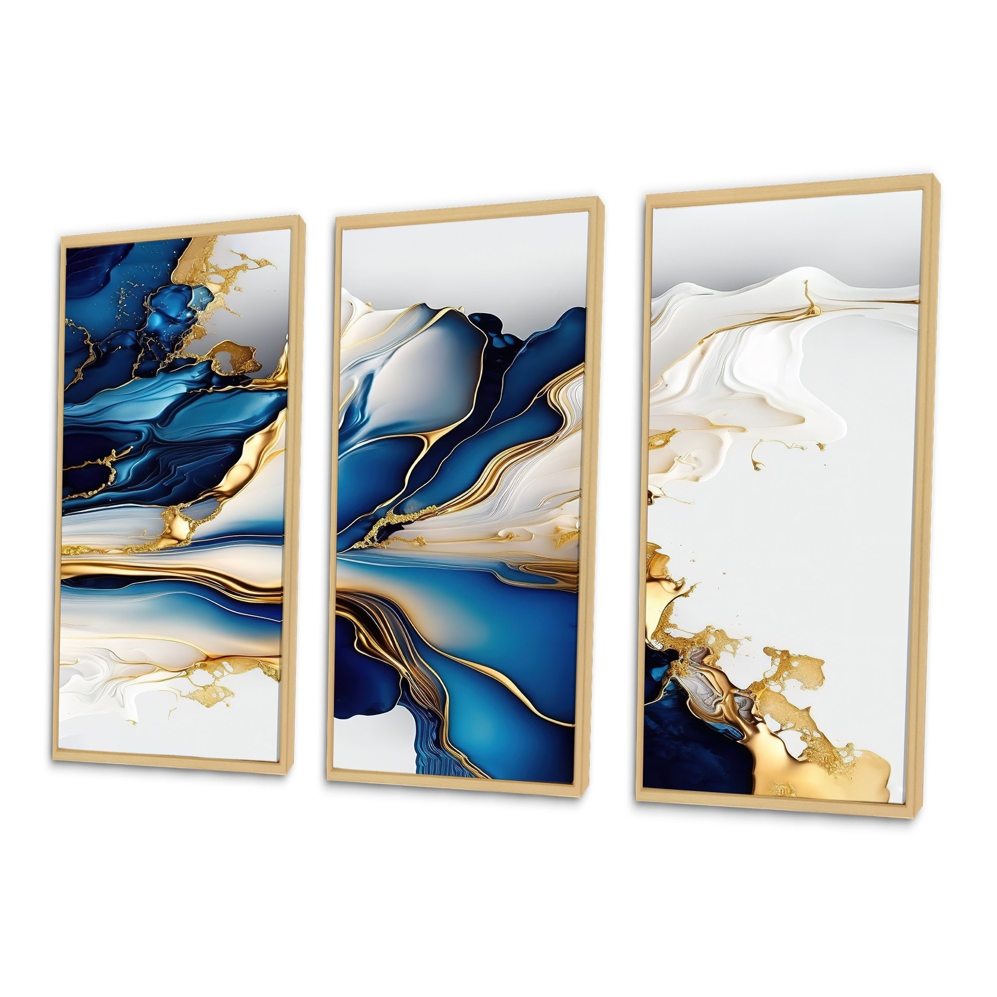 Designart Abstrakte Geode Gold und Blau Marmor Form III Moderner geometrischer gerahmter Leinwanddruck - 3 Paneele