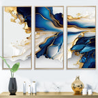 Designart Abstrakte Geode Gold und Blau Marmor Form III Moderner geometrischer gerahmter Leinwanddruck - 3 Paneele