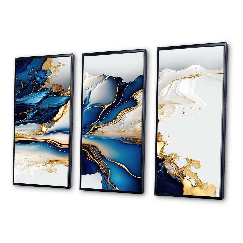 Designart Abstrakte Geode Gold und Blau Marmor Form III Moderner geometrischer gerahmter Leinwanddruck - 3 Paneele