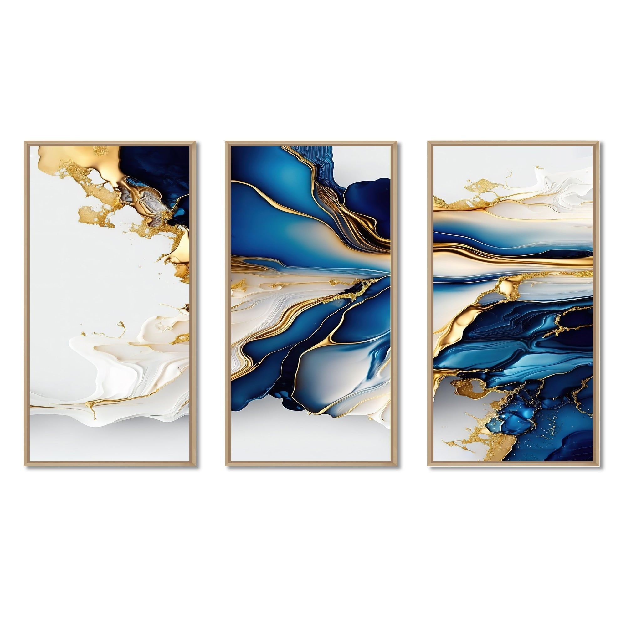Designart Abstrakte Geode Gold und Blau Marmor Form III Moderner geometrischer gerahmter Leinwanddruck - 3 Paneele
