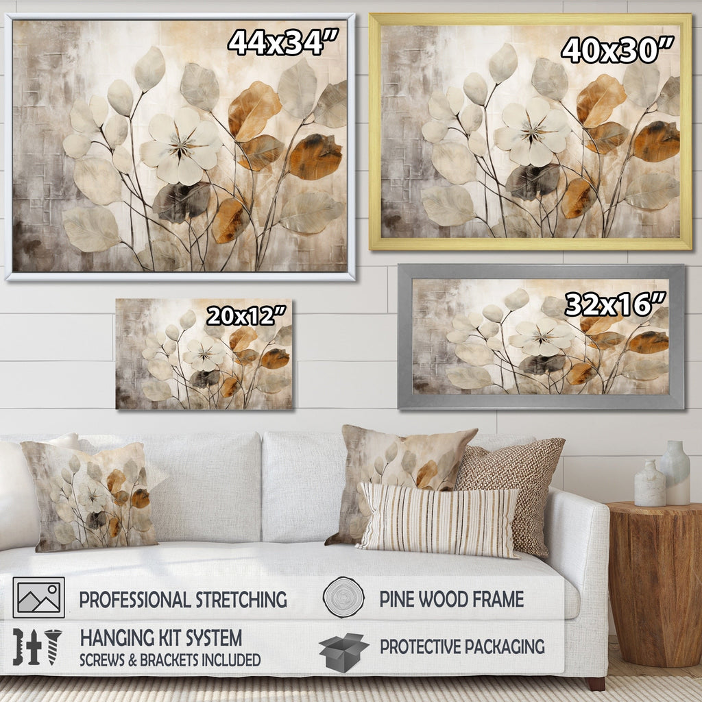 Designart Beige Botanical Impressions III Abstrakte Pflanzenmotive Gerahmter Leinwanddruck