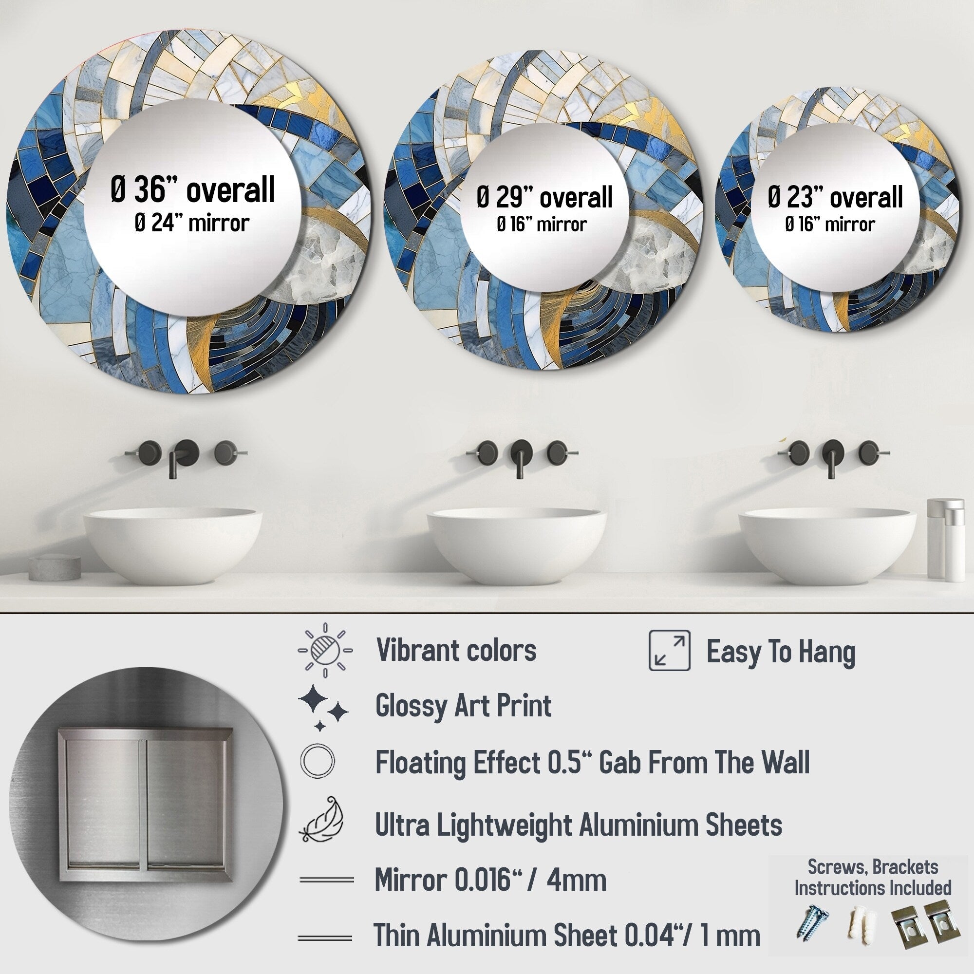 Designart Gold Constructing Blue Realms I Abstrakte Formen Runder Spiegel - Moderner blauer Wohnzimmerspiegel