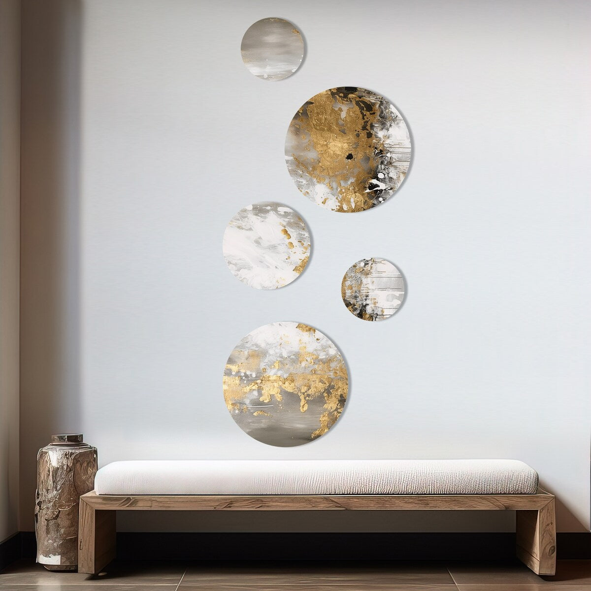 Designart Gold und Weiß Abstraktes Gemälde Metall Wandkunst Dekor Set mit 5 Teilen