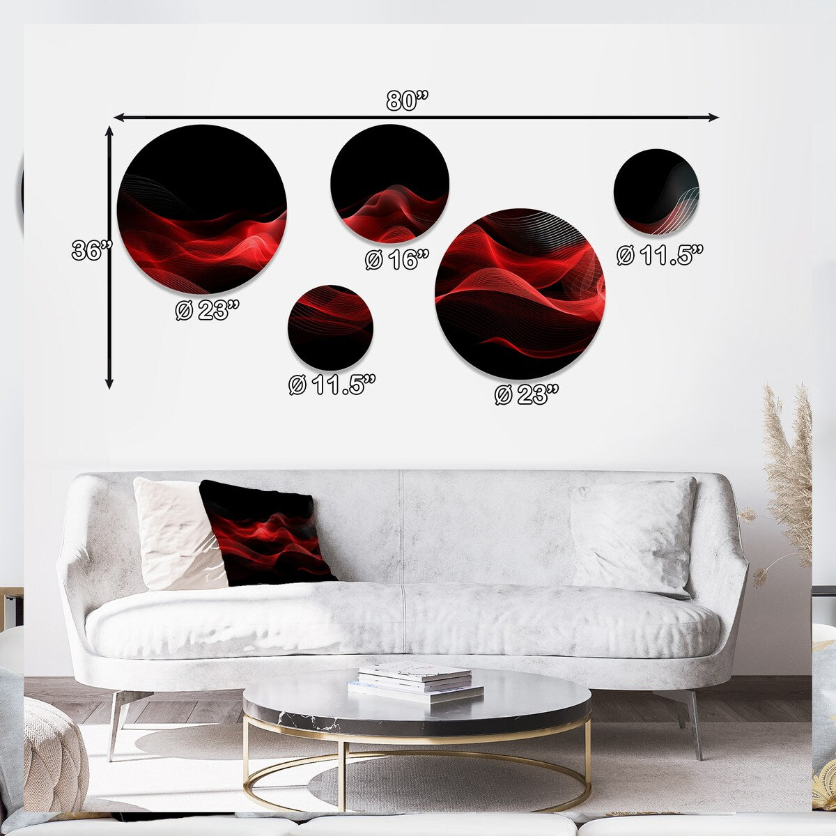 Designart Rot Schwarz Kontemplative Abstraktion IX Moderne Wellen Metall Runde Wandkunst Set mit 5