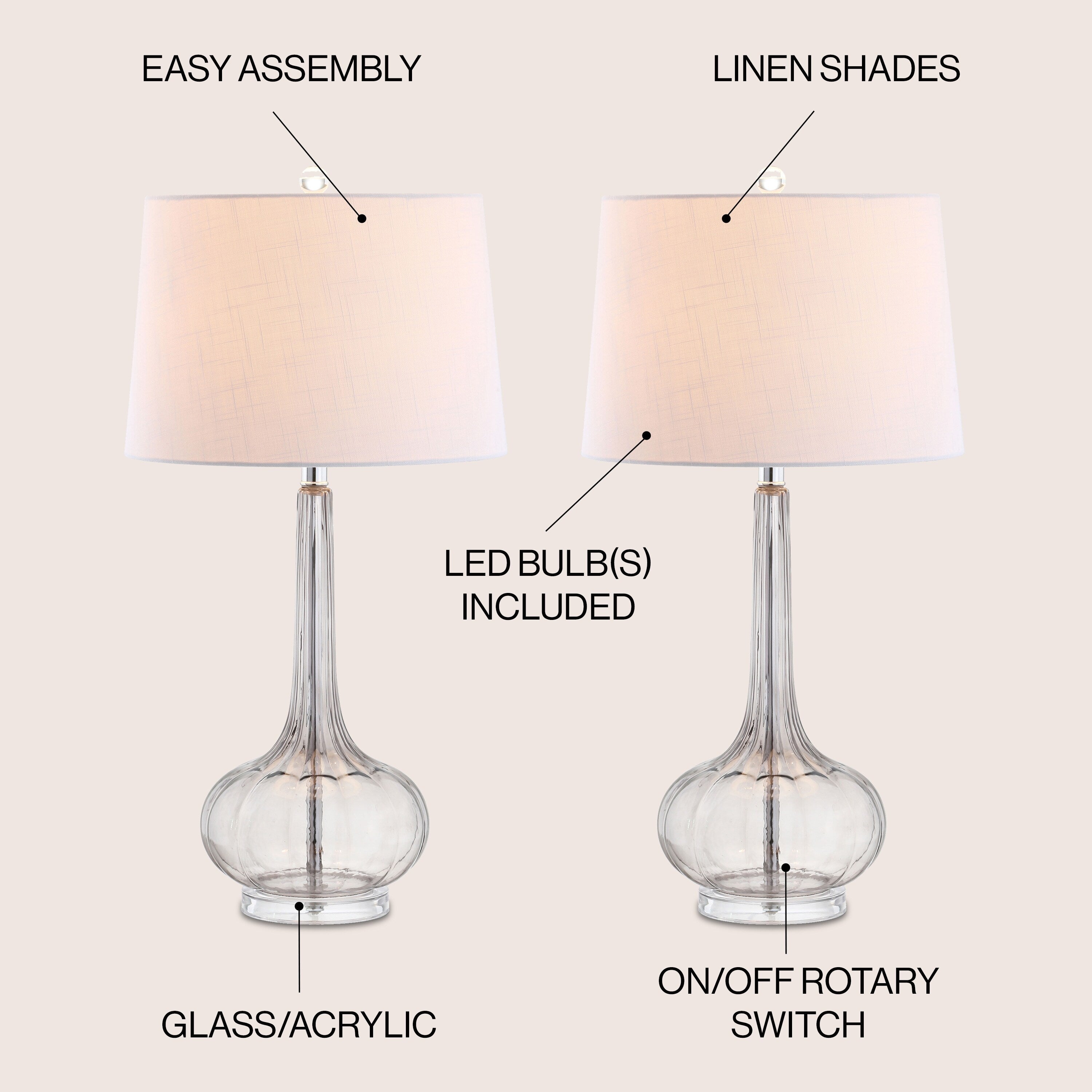 Diamante 28,5 Glas-Tischleuchte in Tropfenform mit LED-Beleuchtung, Rosa (2er-Set) von JONATHAN Y